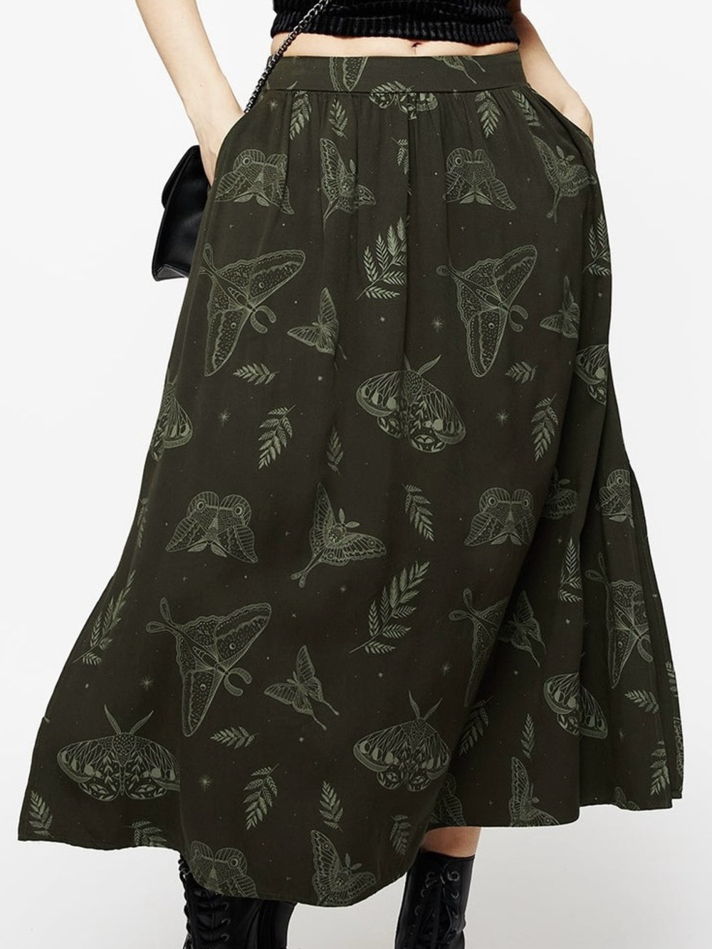 Disturbia ‘Callopistria Moth Print Midi Skirt’ in Olive Green Size 10 - Picture 6 of 16